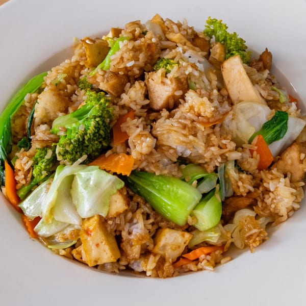 Close-up of a white bowl filled with fried rice, tofu, broccoli, cabbage, and carrots.